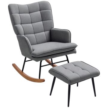 HOMCOM Fotoliu cu leagăn și taburet, confortabil, până la 130 kg, aspect de in, 64x89x90cm, Gri închis | Aosom Romania