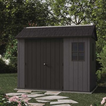 Casuta de gradina, Keter, gri, colectie Newton Plus, 9x7.5, podea, ventilatie, usa dubla, intrare laterala, ransforsare metalica