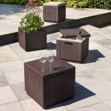 Cutie depozitare Keter Ice Cube, pentru terasa, balcon, polipropilena, imitatie ratan, pentru bauturi, maro, patrata, cu capac, dimensiuni 39 x 39 x 43 cm
