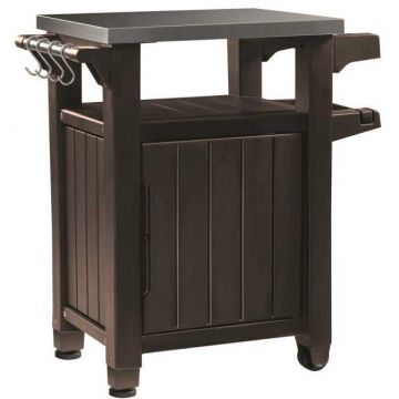 Dulap terasa maro, Keter, Unity, blat inox, roti, 1 usa, rezistent UV, 93 L, 70 x 54 x 90 cm, spatii farfurii, pahare, prosoape, cu roti de transport