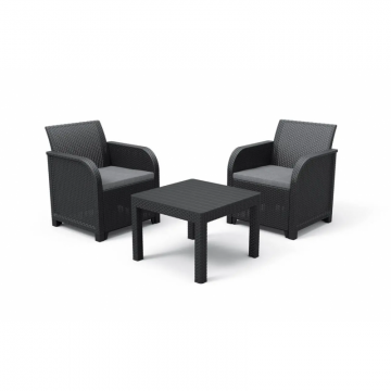 Masa si scaune terasa, material polipropilena, Keter Rosalie, pentru gradina, cu 2 scaune, culoare graphite, rezistent UV si intemperii