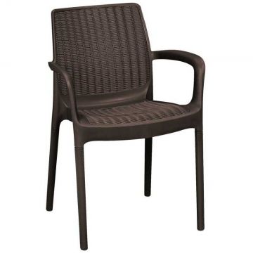 Scaun de gradina, plastic, Keter, model Bali, maro, cotiere, spatar confortabil, rezistent la UV si intemperii, dimensiuni 55x60x83 cm