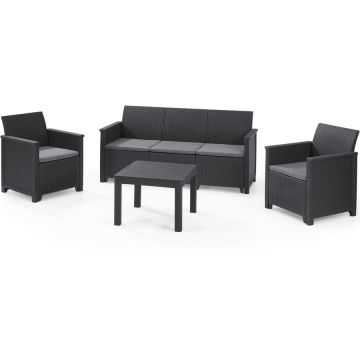 Set mobilier de gradina Keter Elodie cu canapea 3 locuri, 2 fotolii si masa clasica, aspect ratan, plastic, gri antracit, perne incluse