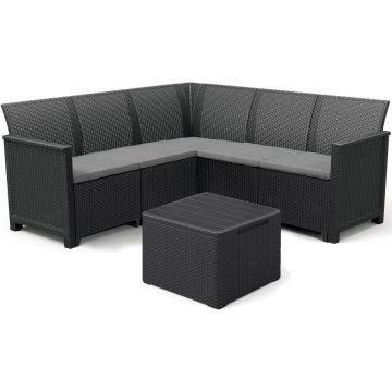 Set mobilier de gradina Keter Elodie cu canapea coltar 5 locuri si masa cu spatiu depozitare, aspect ratan, plastic, canapea: 182 x 182 x 79 cm, masa 77 x 57 x 42 cm, gri antracit, perne incluse