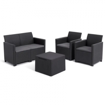 Set mobilier de gradina, polipropilena, Keter Claire, pentru terasa, cu masa, 2 fotolii si canapea, culoare graphite, cu spatiu depozitare, rezistent la UV si intemperii