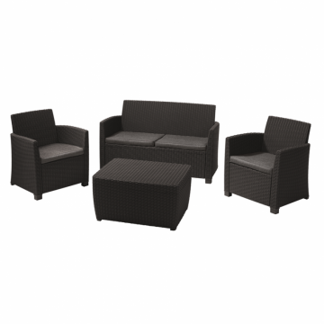 Set mobilier de gradina, polipropilena, Keter Corona, pentru terasa, masuta dreptunghiulara, 1 canapea 2 locuri, 2 fotolii, culoare graphite, rezistent la UV si intemperii