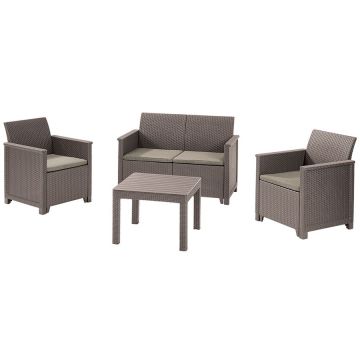 Set mobilier de terasa/gradina Keter Elodie cu canapea 2 locuri, 2 fotolii si masa, aspect ratan, plastic, canapea: 65 x 113 x74 cm, fotoliu: 65 x 63 x 74 cm, masa 59 x 59 x 43 cm, cappuccino, perne incluse