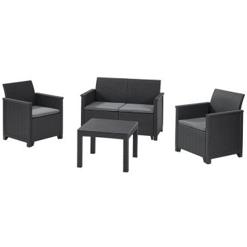 Set mobilier de terasa/gradina Keter Elodie cu canapea 2 locuri, 2 fotolii si masa, aspect ratan, plastic, gri antracit, perne incluse