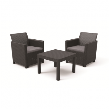 Set mobilier de terasa, imitatie ratan, Keter Claire, 2 fotolii, cu masuta Orlando, culoare grafit, rezistent UV si intemperii, usor de asamblat