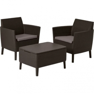 Set mobilier de terasa, maro, imitatie ratan, Keter Salemo, pentru exterior, cu masuta, 2 fotolii, perne impermeabile, material polipropilena, rezistent UV