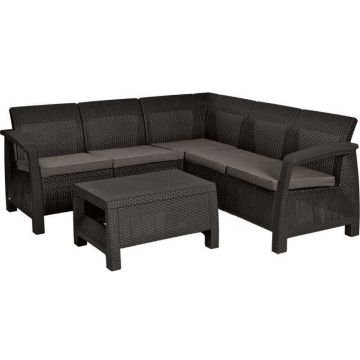 Set mobilier gradina, polipropilena, Keter Corfu Relax, pentru foisor si terasa, cu masuta dreptunghiulara, canapea 4-5 persoane, maro-bej, rezistent la UV si intemperii