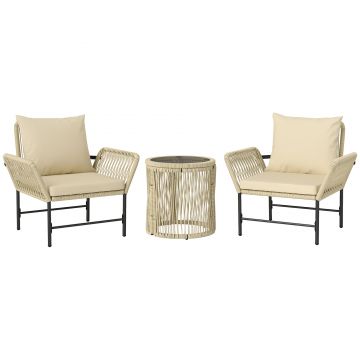 Outsunny Set mobilier de grădină din Polyrattan, mobilier outdoor pentru balcon pentru 2 persoane, 3 piese cu 2 scaune, măsuță laterală, perne | Aosom Romania