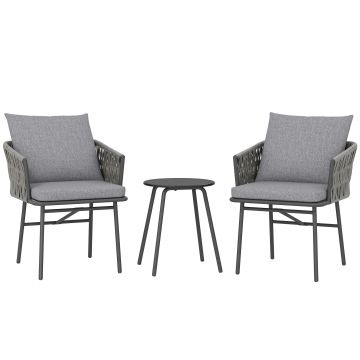 Outsunny Set mobilier exterior 3 piese, 2 scaune, 1 masă, set bistro, rattan sintetic, cadru din oțel, masă metalică, 4 perne, gri | Aosom Romania