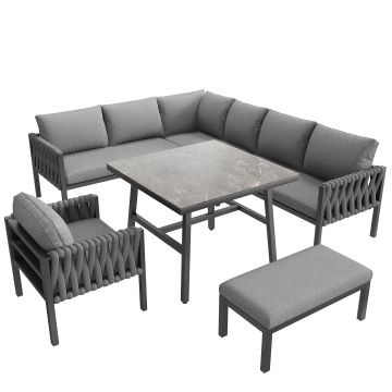 Set de mobilier de grădină cu canapea de colț și blat de masă din sticlă securizată, Gri | Aosom Romania