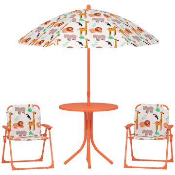 AIYAPLAY Set de Grădină pentru Copii, Masă și Scaune cu Umbrelă, Masă de Picnic pentru Exterior cu 2 Scaune Pliabile pentru Copii de 2-5 Ani, Portocaliu | Aosom Romania
