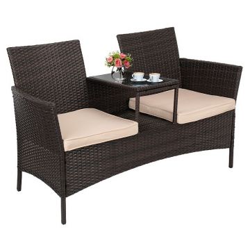 Canapea dubla de exterior, masuta inclusa, perne sezut, sarcina maxima 300 kg, ratan sintetic, 84x52x129 cm