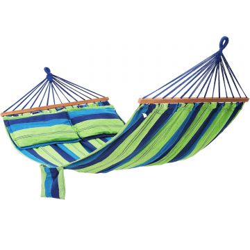 Hamac dublu cu bara lemn, perne incluse, maxim 300 kg, 210x150 cm, verde si albastru