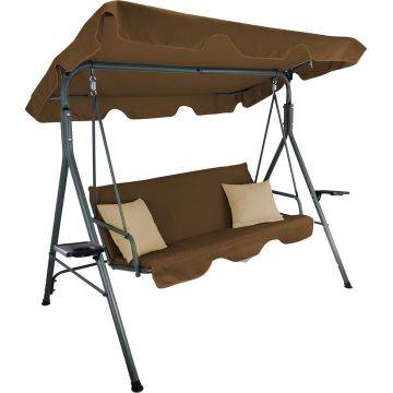 Leagan gradina 3 locuri 170x118x153 cm, cu perne, baldachin reglabil si masute laterale, structura otel, maro