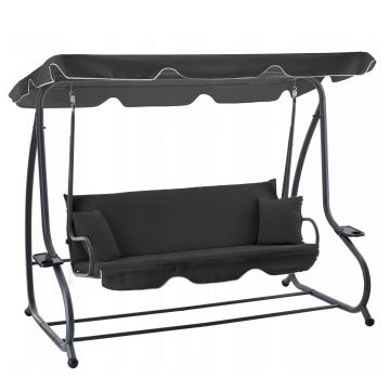 Leagan gradina 3 locuri cu baldachin reglabil, perne si suport pahare, 210x120x170 cm, gri inchis