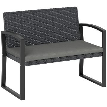 Outsunny Banc de grădină 2 locuri, banc de exterior din resină împletită PE cu pernă, oțel galvanizat, 103x58x78cm, gri și negru | Aosom Romania