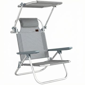 Outsunny Șezlong Reclinabil cu 6 Nivele, Copertină Reglabilă și Tetieră, din Aluminiu și Plasă, 62x68x79, Gri | Aosom Romania