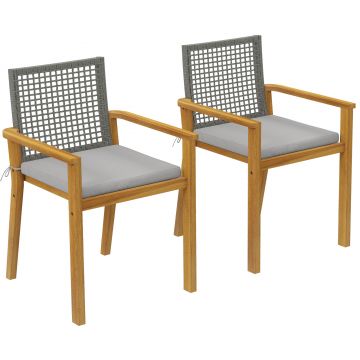 Outsunny Scaune de grădină set 2 buc. Lemn de acacia certificat FSC Stivuibile Scaune din lemn cu spătar din rattan Perne detașabile Cotiere | Aosom Romania