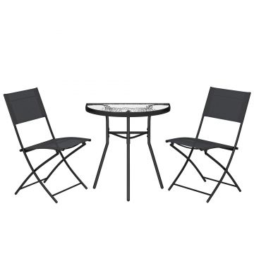 Outsunny Set bistro de exterior, mobilier de terasă 3 piese cu scaune pliante, masă din sticlă semicirculară, negru | Aosom Romania