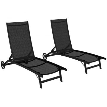 Outsunny Set de 2 șezlonguri din aluminiu și textilenă cu roți, spătar înclinabil, greutate max. 150 kg, negru | Aosom Romania