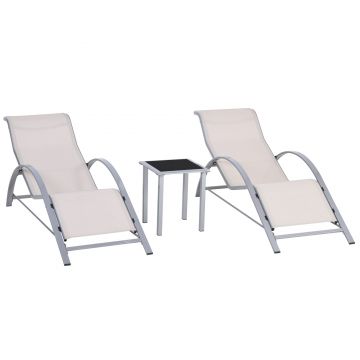 Outsunny Set de 2 Șezlonguri și Măsuță cu Blat din Sticlă, 59x169x66 cm, Crem | Aosom Romania