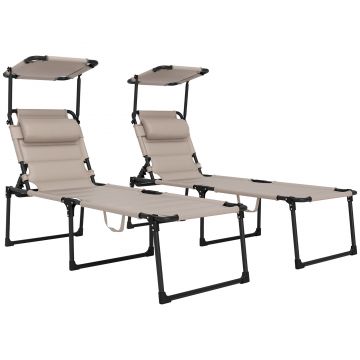 Outsunny Set de 2 șezlonguri pliabile confort sporit spătar parasolar reglabile multi-poziții, kaki | Aosom Romania