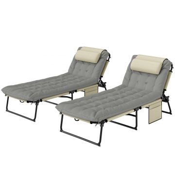 Outsunny Set de 2 șezlonguri pliabile cu spătar reglabil în 4 poziții - suport pentru cap și saltea groasă crem | Aosom Romania