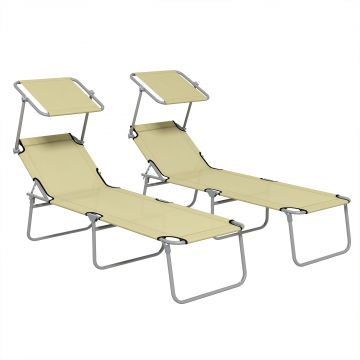 Outsunny Set de 2 Șezlonguri Pliabile cu Tetieră Reglabilă, Spătar Reglabil, Șezlonguri de Grădină din Material Oxford și Metal, pentru Plajă, Piscină, 187x58x36 cm, Bej | Aosom Romania
