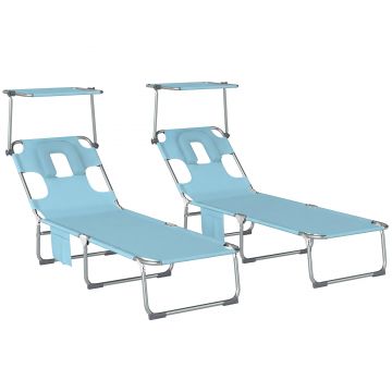 Outsunny Set de 2 Șezlonguri Pliabile Reclinabile cu Copertină 360°, Orificiu Facial, Buzunar Lateral și Textilene 550 g/m², Albastru | Aosom Romania