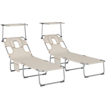 Outsunny Set de 2 șezlonguri pliante reclinabile cu copertină 360° orificiu facial buzunar lateral și Textilene 550 g/m² bej | Aosom Romania