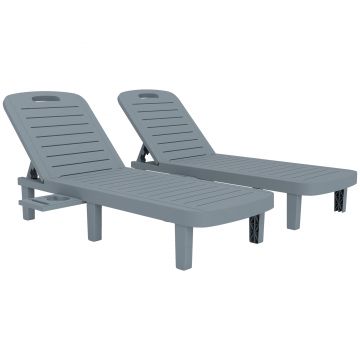 Outsunny Set de 2 șezlonguri, scaun lung cu tăvi retractabile, înclinabil, suprafață cu efect de lemn 62 x 158 x 88 cm, gri | Aosom Romania