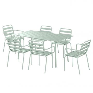 Outsunny Set de grădină - set de luat masa 7 piese cu 1 masă și 6 scaune suprapuse din oțel, verde deschis | Aosom Romania