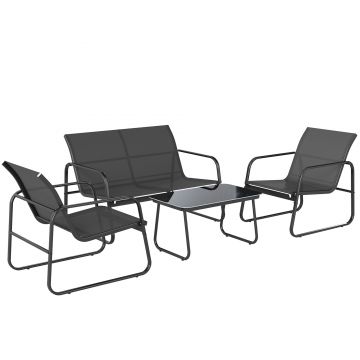 Outsunny Set Grădină Exterior 4 Piese cu Canapea 2 Locuri 2 Fotolii Masă cu Sticlă Securizată Țesătură Textilene Gri închis | Aosom Romania