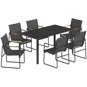 Outsunny Set mobilier de grădină 150 x 80cm masă din sticlă cu 6 scaune respirabile cotiere decorative Negru | Aosom Romania