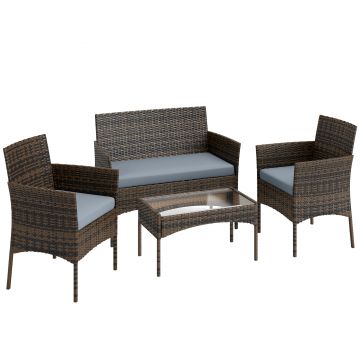 Outsunny Set Mobilier de Grădină din 4 Piese cu Canapea, 2 Fotolii și Măsuță de Cafea, 102x58x82 cm, Maro | Aosom Romania