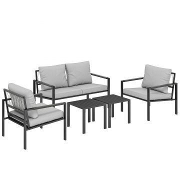 Outsunny Set mobilier grădină 4 persoane rezistent la intemperii set mobilier balcon cu canapea 2 locuri, fotoliu, perne, măsuță Gri deschis | Aosom Romania