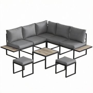 Outsunny Set mobilier grădină exterior 6 persoane modulabil masă de cafea și blaturi laterale din lemn PSPC perne groase 10cm gri | Aosom Romania