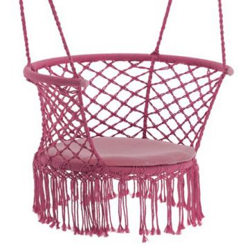 Scaun rotund tip leagan suspendat pentru casa sau gradina, cu franjuri, 150kg, cu perna, roz