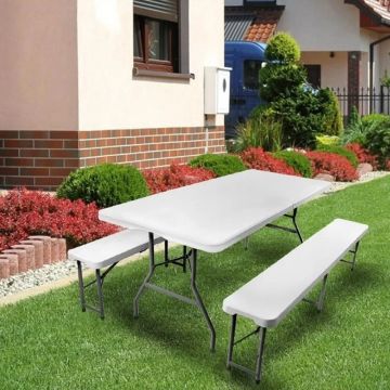 Set 2 banci si masa pliabile pentru gradina, cadru otel, maner transport, alb