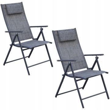 Set 2 scaune reglabile de gradina cu tetiera, textilene si cadru metalic, 57x68x106 cm, gri