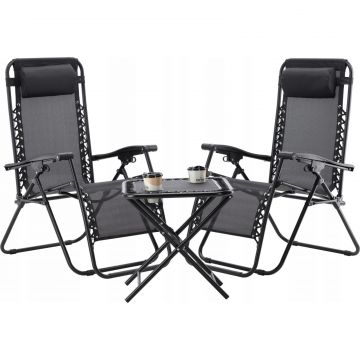 Set 2 sezlonguri pliabile 90x65x110 cm cu masuta 50x50x50 cm, textilene si cadru metalic, negru