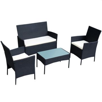 Set 4 piese mobilier gradina, fotolii, canapea, masuta cafea, perne, blat sticla, model ratan negru