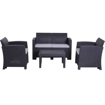 Set 4 piese mobilier, masa de cafea, 2 fotolii, canapea, model ratan, structura rezistenta, pentru terasa