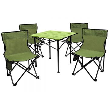Set camping 5 in 1 cu masa si 4 scaune pliabile, structura otel si blat aluminiu, 53x52x50 cm, verde