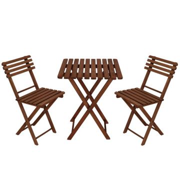 Set mobilier balcon sau terasa din lemn de fag, pliabil, masa 52x51x65 cm si 2 scaune, maro inchis