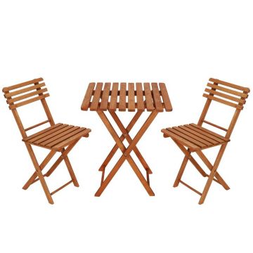 Set mobilier balcon sau terasa din lemn de fag, pliabil, masa 52x51x65 cm si 2 scaune, maro